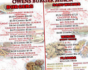 Owens Burger Shack menu
