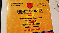 Heart of India Restaurant menu