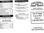 Mccarty's Cafe menu