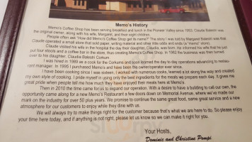 Memo's Coffee Shop menu