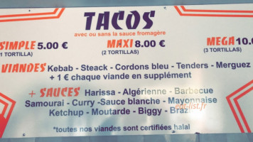 Le Tacos Kebab menu