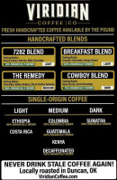 Viridian Coffee menu
