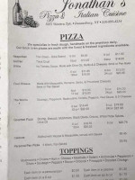 Jonathan's Pizza Italian Cuisine menu