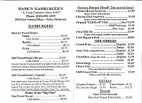Hank's Hamburgers menu
