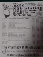Togi's Sub Station menu