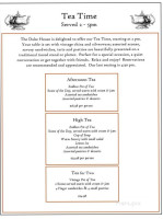 The Duke House Tea Room Bakery menu