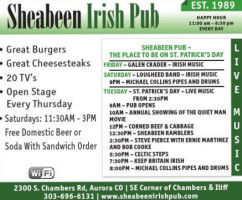 Sheabeen Irish Pub menu
