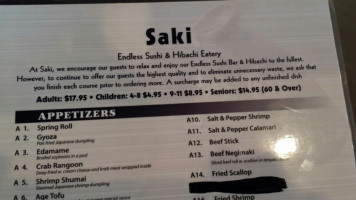 Saki Endless Sushi And Hibachi Eatry menu
