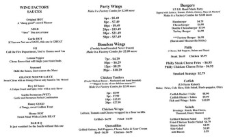 The Wing Factory East menu