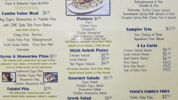 Yanni's Greek Grill menu