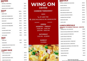 Wing On Chinese Take Away menu