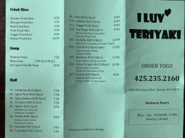 I Luv Teriyaki menu