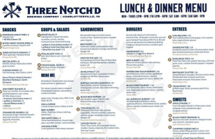 Three Notch'd Craft Kitchen Brewery menu