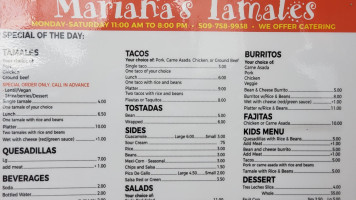 Mariana's Tamales menu