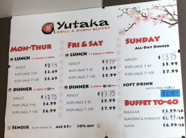 Yutaka Grill Sushi Buffet menu
