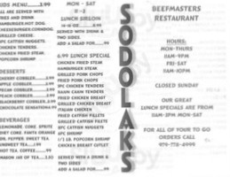 Sodolaks Beefmasters menu