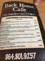 The Back Home Cafe menu