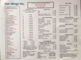 Hot Wings menu