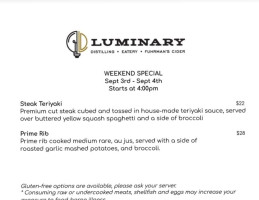 Luminary Distilling, Fuhrman's Cider, Eatery menu