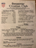 Bessemer Croatian Club menu