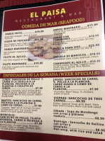 El Paisa Colombian menu