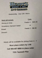 B G Catering Henry's Bakery Deli menu