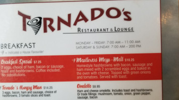Tornado's Restaurant & Lounge menu