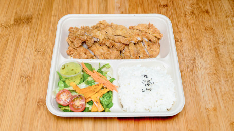 Fried Chicken With Sauce, Rice And Salad