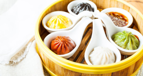 198. Rainbow Sampler Shanghai Dumplings Liù Cǎi Xiǎo Lóng Bāo