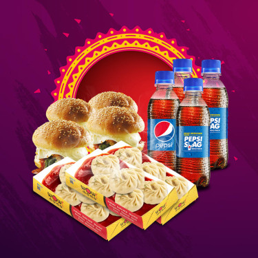 Veg Darjeeling Steam Momo [18 Pcs], Veg Moburg [4 Pcs] E 4 Refreshing Pepsi [250 Ml Ciascuno]