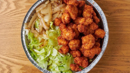 #17 Fried Chicken Bites, White Rice, Sauteed Onions, Lettuce, Sweet Bbq Sauce, Spicy Mayo
