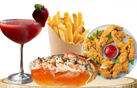 Prawn Hot Dog, Chicken Strips, French Fries, Strawberry Lime Fizz