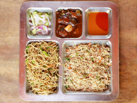 Chinese Thali (Veg Rice, Veg Chowmein, Chilli Chicken (2 Pcs ,Drum Stick 2Pcs, Sauce And Salad.