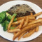 Hamburger Steak W/ Vegetable Fries Top Up With Home Made Gravy Fried Onion