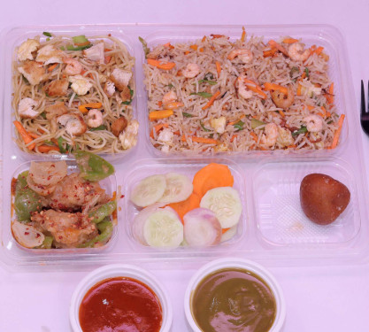 Prawn Rice Mixed Noodles Garlic Chicken (2Pcs) Gulab Jamun (1 Pc) Salad