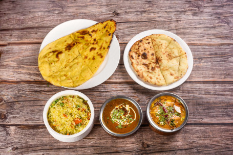 1 Butter Naan 1 Masala Kulcha+ 1 Veg Pulao Dal Tadka Sahi Paneer Salad Achar With Papad [Serves 3]