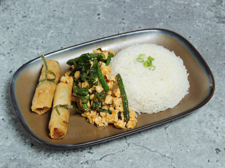 Steamed Rice Hot Basil Tofu Veg Spring Rolls