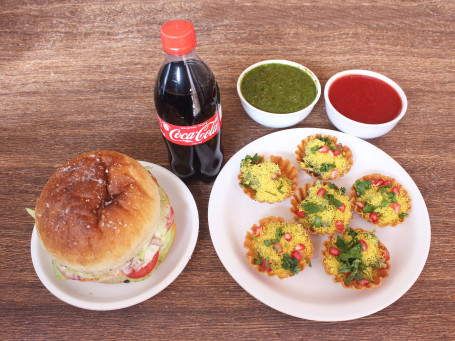 Veg. Aloo Tikki Burger With Basket Chaat Puri; 6 Pieces And Coke 250 Ml