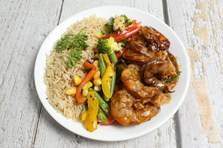 Brown Rice Served With Chilli Prawns Sauteed Veggies