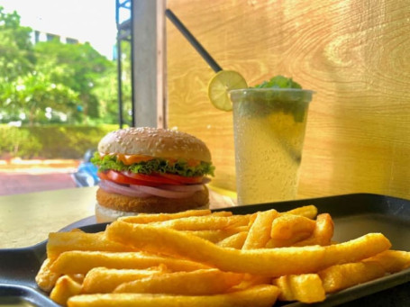 Veggie Feast Burger With Masala Lemonade And Fries