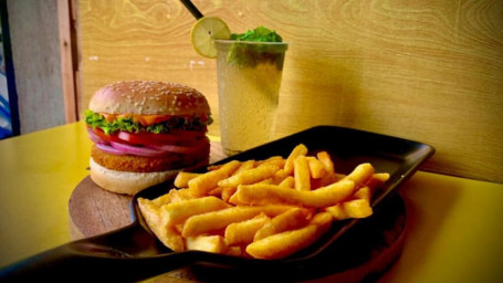 Spicy Chicken Burger With Masala Lemonade And Fries