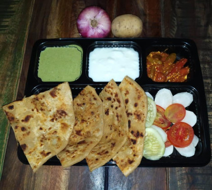 Aloo Pyaza Paratha (Paratha Dahi Achar Green Chutney Salad)