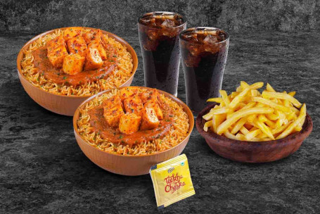 (Serves 2) Double Treat Paneer Signature Rice Bowls With Thums Up Fries Meal