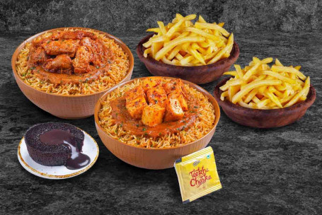 (Serves 2) Double Fiesta Paneer Chicken Rice Bowls Fries Meal