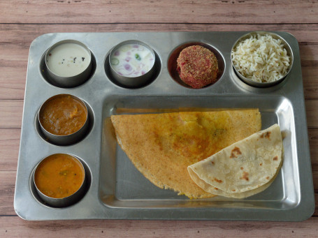 Combo Dinner (1 Mini Masala Dosa 1 Chapati 1 Cup Variety Rice 1 Cutlet Or Vada Chutney Sambar 1 Veg Curry Raita)