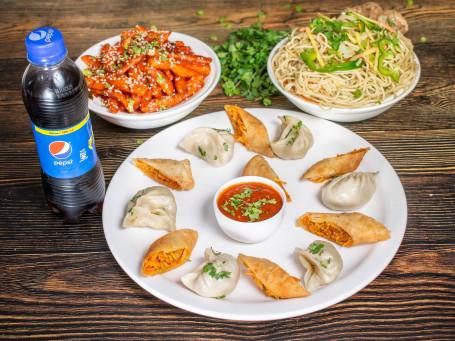 Chinese Thali Veg Noodles Chilli Potato Spring Roll 6 Pcs Momos 6 Pcs Pepsi Papad