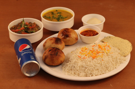 Bati Thali- Baati 3 Pcs Dal Tadka Chokha Rice Sweet Pickle Cold Drink Can Papad