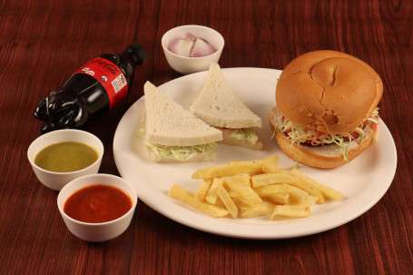 Special Veg Burger Veg Grilled Jumbo Sandwich French Fries Cold Drink Ketchup Sauce