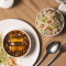 Paneer chilli gravy with veg fried rice and cabbage salad