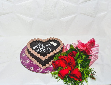 Happy Valentine’s Chocolate Heart Cake Six Red Roses Bunch